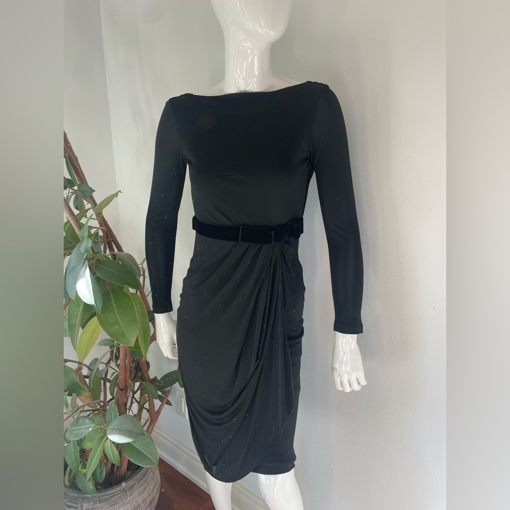 Vintage Valentino Roma Black Draped Dress with Velvet Belt Rare Retro Italian - Picture 3 of 12